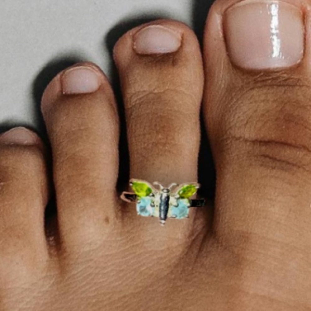 .925 Sterling Butterfly Toe Ring with Green and Light Blue Stones